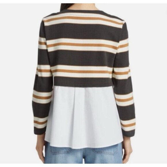 Veronica Beard Bertie Layered Top L - Charcoal/Tan/White Stripes, Gold Buttons - Picture 2 of 12